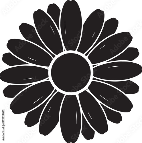 Black and silhouette of a stylized flower with bold petals and a minimalist design