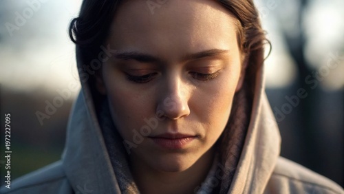 Mother Day Young woman in a hooded jacket looking down with a somber, reflective expression in soft natural light.