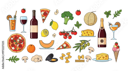 Set of various italian food and drinks, including pizza, wine, pasta, cheese, fruits, and vegetables