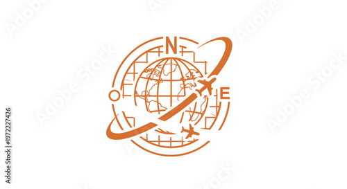 Orange Globe Logo with Airplane and Orbiting Lines.