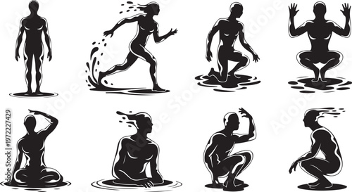 Collection of stylized human silhouettes in various dynamic poses interacting with liquid elements