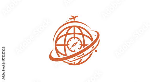 Orange Globe with Airplane and Clock - Travel and Time Concept.