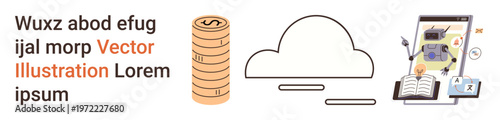 Digital storage, online security, automation, finance, artificial intelligence, data processing. Stacked coins, a cloud and a robot on a digital tablet. Cloud storage and finance concept