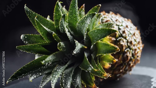 Pineapple, Fresh Fruit with Water Droplets on Dark Background, Still Life, symbolizing freshness and nature