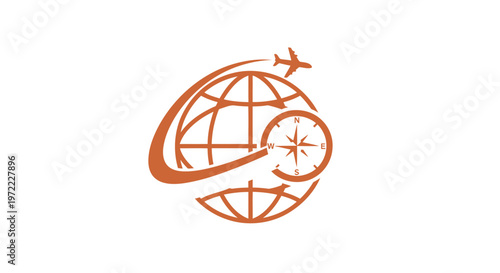 Orange Globe with Airplane and Compass Symbolizing Global Travel.