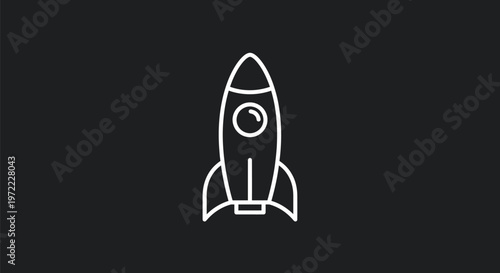 Simple White Outline of a Rocket Ship on Black Background.