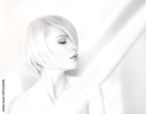 Brightly lit portrait of a woman with a short, blonde, layered hairstyle looking to the side