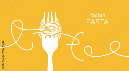 Minimalist illustration of a white fork with spaghetti pasta wrapped around it on a solid yellow background