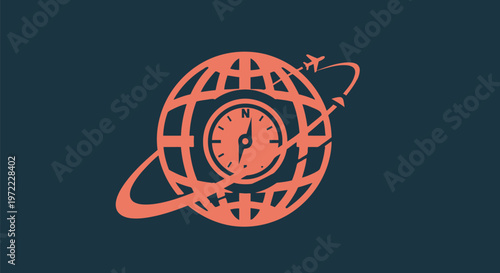 Orange Globe with Clock and Airplane Symbol on Dark Background.