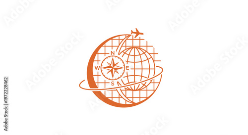 Orange Globe with Compass and Airplane Symbol for Travel Agency.
