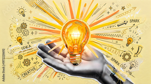 Hand holding glowing light bulb with creative idea generation concepts around it