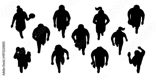 Top View Waiter and Cafe Staff Silhouette Vector Set, Black Overhead Service Figures for Restaurant Floor Plans and Architectural Site Mapping