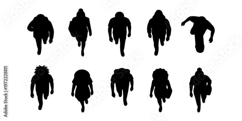 Top View Walking People Silhouette Set, Overhead Crowd Black Figures Collection, Urban Pedestrians Entourage for Architecture Plans and City Scene Design