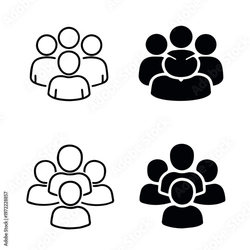 Black silhouette icons of business groups with stars and roundtable teamwork representing leadership collaboration and professional unity