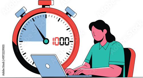 woman working on laptop with large stopwatch timer