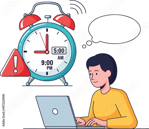 Woman working on laptop with deadline reminder alarm clock