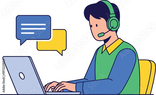 Customer support agent working on laptop with headset and speech bubbles