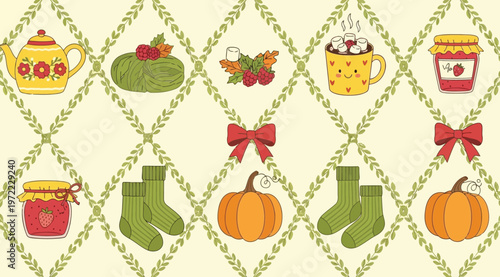 Seamless pattern with cozy autumn and winter elements like pumpkins, socks, hot cocoa, and strawberry jam