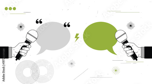 Two hands holding microphones with speech bubbles for interview or debate concept