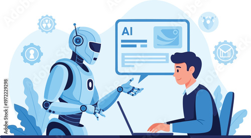 Robot and man discussing AI on laptop computer screen