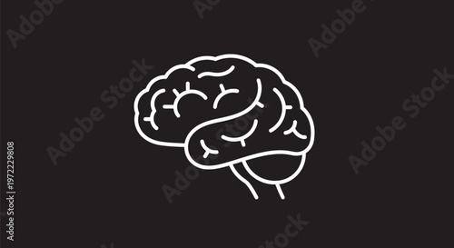 Simple White Brain Icon on Black Background for Conceptual Design.