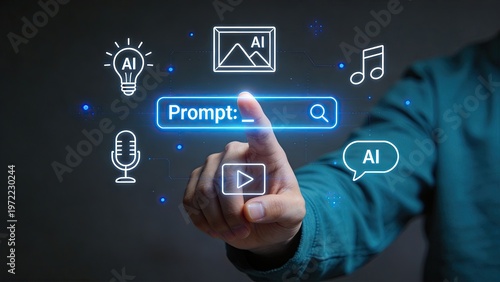 Businessman interacting with futuristic AI prompt interface artificial intelligence concept with icons for text image audio and video generation digital technology and innovation