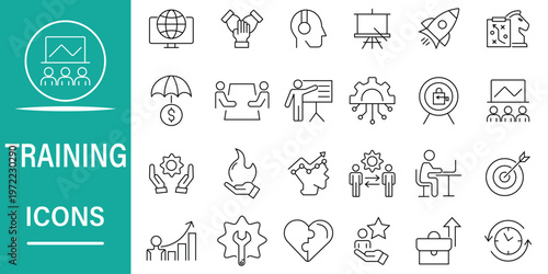 Training line icon set. Set of 24 outline icons related to coaching, mentoring, education, online courses, and skill development. Editable stroke. Vector illustration.