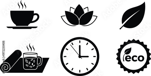 A collection of black icons featuring a tea cup, lotus flower, leaf, yoga mat, clock, and eco logo