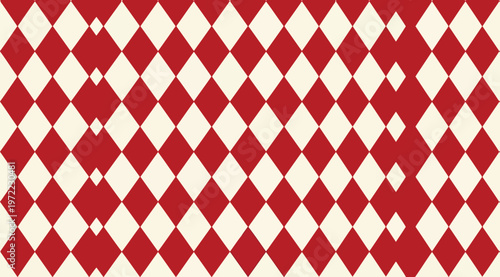 Seamless geometric pattern of alternating red and white diamonds arranged in a symmetrical grid, bold abstract design with repetition and contrast, modern textile wallpaper background for creative pro