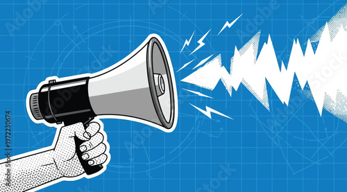 Pop art illustration of a hand holding a megaphone with sound waves on a blue grid background