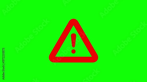 Animated Red Alert Warning Icon Triangle with Exclamation Mark Alpha Overlay Green Screen Background, Red flat exclamation mark warning point inside a triangle animation seamless overlay use