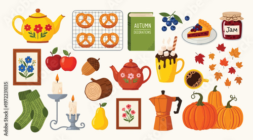 Set of cozy autumn elements, including pumpkins, tea pots, candles, warm socks, pretzels, and fall leaves