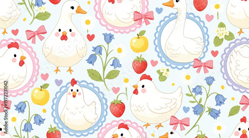 Seamless pattern with cute chickens, geese, strawberries, apples, and bluebell flowers