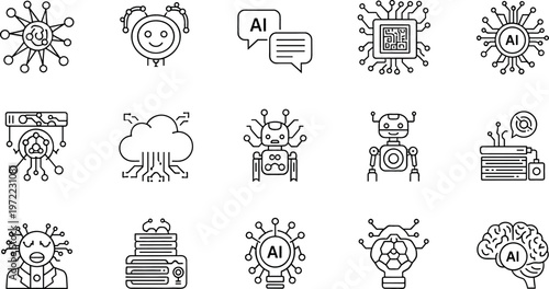 Vector Icons Set of AI, Robotics, Cloud Computing, and Neural Networks for Technology, Innovation, and Digital Design Projects