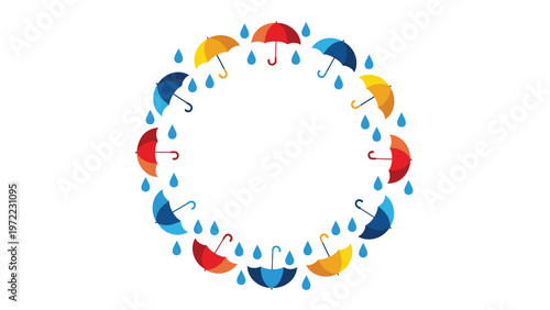 Circular arrangement of colorful umbrellas and blue raindrops representing a rainy day or weather forecast theme.