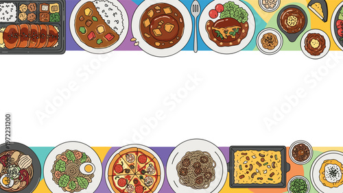 Diverse collection of food dishes including pizza, pasta, curry, and bento arranged in a colorful border design.