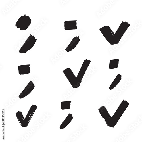Black brush stroke check marks and paint dabs collection on white background hand drawn ink texture vector icons