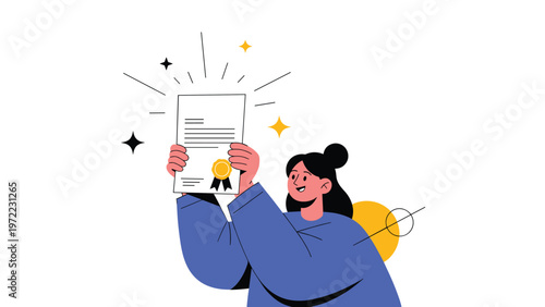 Young woman in a blue dress holding up a certificate of achievement with sparkling stars around it for celebration.