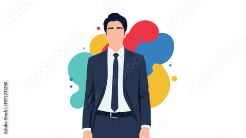 Professional person in a dark business suit standing confidently against a colorful abstract background of organic shapes.