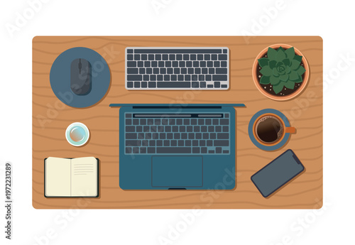 Top view workspace with laptop and coffee, minimal desk setup