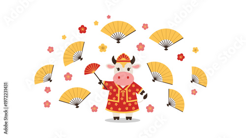 Festive white cow dressed in a red and yellow traditional outfit holds a fan while surrounded by many more golden fans and flowers.