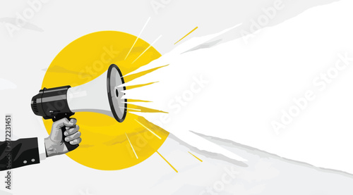 Hand holding a megaphone with sound waves and a yellow sun circle