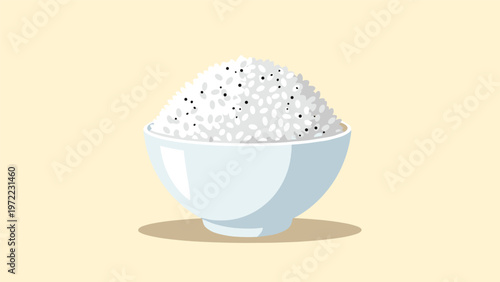 Traditional ceramic white bowl filled with a large portion of steamed white rice topped with small black sesame seeds on a tan background.
