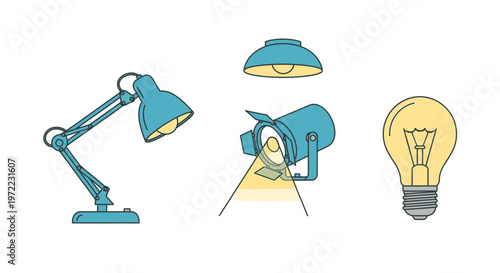 Lamps and light bulb icons set.