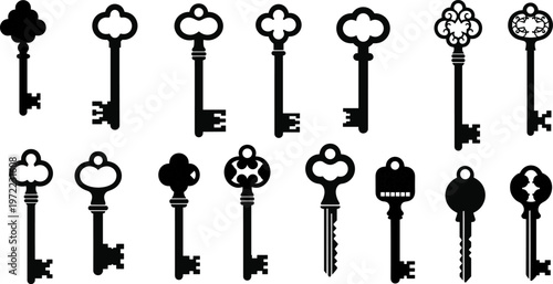 Vintage key silhouettes collection vector illustration set antique ornate keys retro locksmith symbols isolated black white decorative design elements