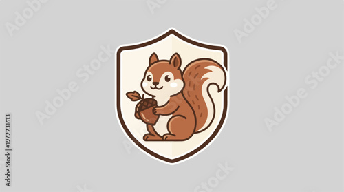 Cute squirrel holding acorn inside a shield emblem.