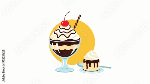 Delicious chocolate sundae in a glass cup topped with whipped cream, chocolate syrup, a wafer stick, and a bright red cherry.