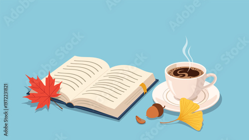 Open book lies on a blue surface next to a steaming cup of coffee, an acorn, and colorful autumn leaves like maple and ginkgo.