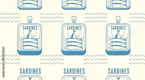 Seamless pattern with sardine cans and fish, hand drawn vector illustration for food packaging or textile design
