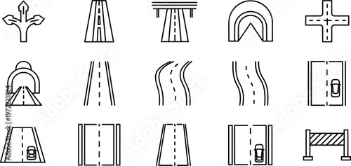 Vector Icons Set of Roads, Intersections, Curves, and Barriers for Transportation, Urban Infrastructure, and Road Design Projects